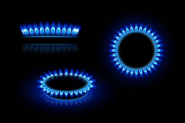 gas flame illustration of gas stove in three views on dark background blue flames stock illustrations