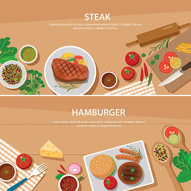 스테이크 및 함부르거 배너입니다 평편 디자인 템플릿 - hamburger bun barbecue sign stock illustrations