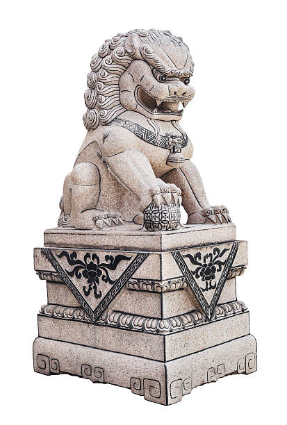istock Chinese Stone Lion sculpture on white 481405487