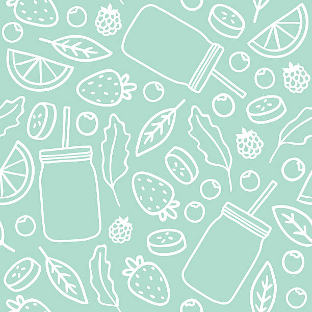 과일, 베리류와 스무디 병 외형선 연속무늬 - backgrounds banana berry fruit blended drink stock illustrations