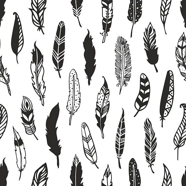 Vector illustration of Feather rustic seamless pattern. Hand drawn vintage vector