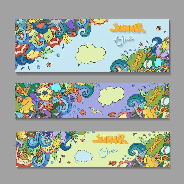 Vector illustration of Vector banner templates set with doodles summer time theme