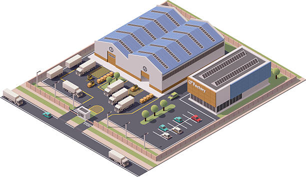 illustrazioni stock, clip art, cartoni animati e icone di tendenza di fabbrica di icona vettoriale isometrici edifici - magazzino