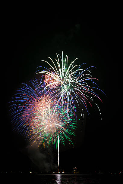 Fireworks with lake reflection stock photo