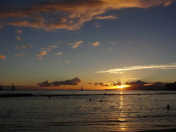 View of the sunset from Waikiki Beach, Oahu, Hawaii