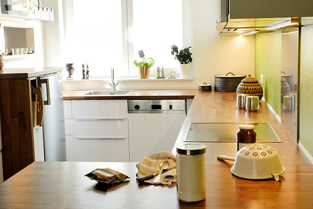 istock Modern domestic kitchen with baking utensils, sugar, enamel sieve 481416566