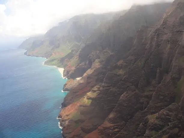View from a helicopter of the Napali Coast in Kauai, Hawaii. 