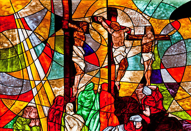 Stained glass showing Jesus crucified