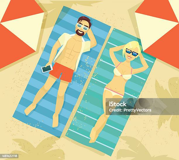 Man And Woman Sunbathing Vector Flat Illustration Stock Illustration - Download Image Now - Sand, Sunburned, Women