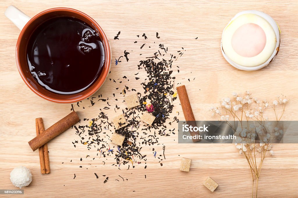 Cup of black tea and a delicious pastry Breakfast in bed.Black tea and delicious cake 2015 Stock Photo