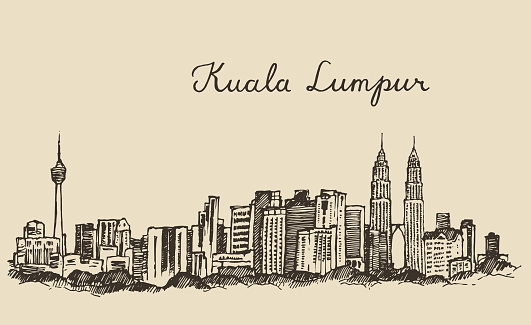 Kuala Lumpur skyline big city architecture vintage engraved illustration hand drawn sketch