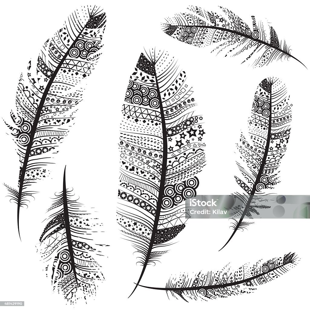 Seamless Feather Pattern Vintage Tribal Feathers set Seamless Vintage Tribal Feathers Pattern vector set illustration background sketch. Animal Wing stock vector