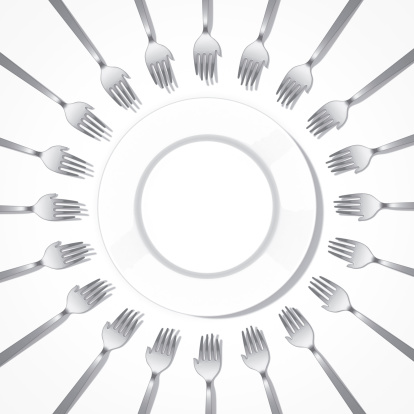 hand shape fork with empty plate on white background