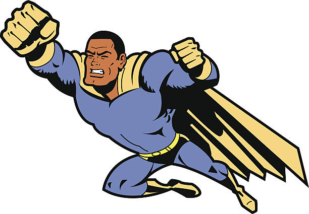 illustrazioni stock, clip art, cartoni animati e icone di tendenza di volante nera supereroe con clenched pugno - superhero human muscle men city