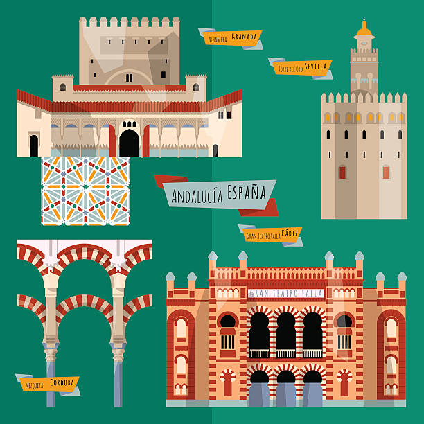 zabytki andaluzji. sewilla, granadzie, córdoba, cádiz, hiszpania, europy. - seville torre del oro sevilla spain stock illustrations