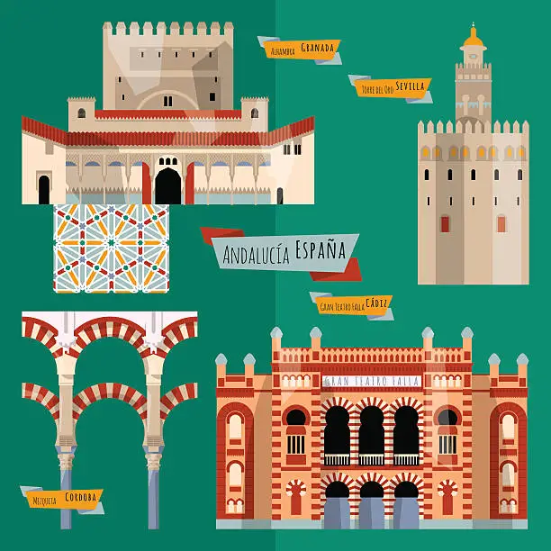 Vector illustration of Sights of Andalusia. Seville, Granada, Cordoba, Cadiz, Spain, Europe.