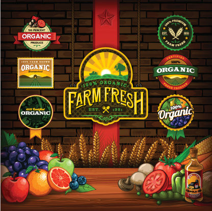 A collection of organic farm fresh labels, vectored fruits & vegetables. EPS 10 file, layered & grouped, with meshes and transparencies (shadows & overall effects only).