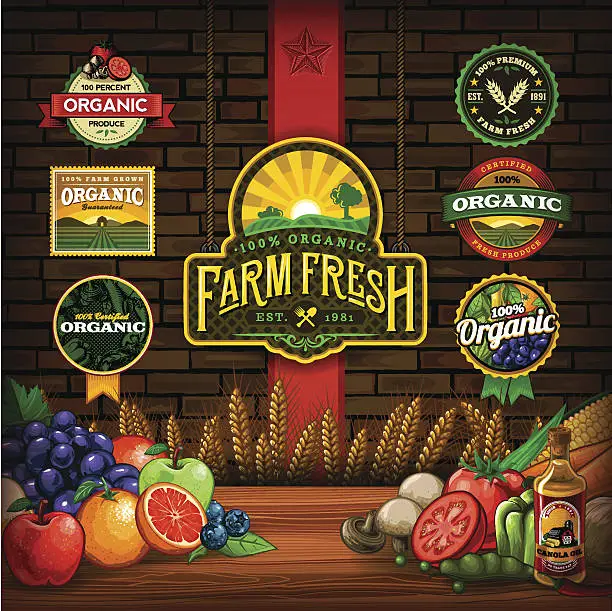 Vector illustration of Organic Farm Fresh Design Elements