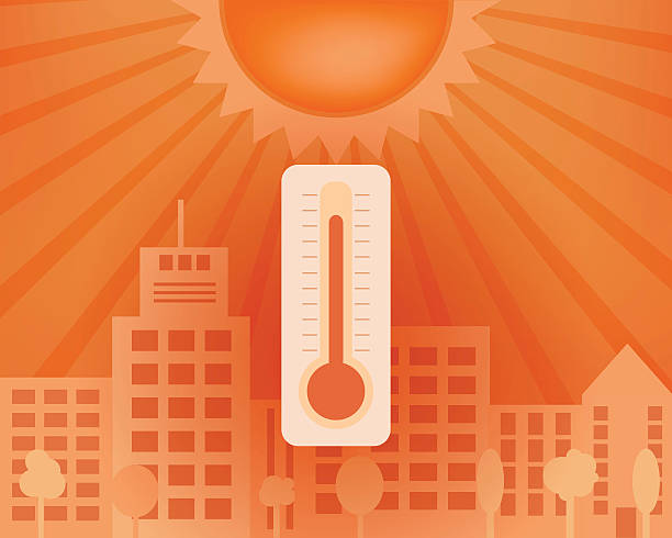 Hot day in the city with sun and thermometer. Vector summer concept.