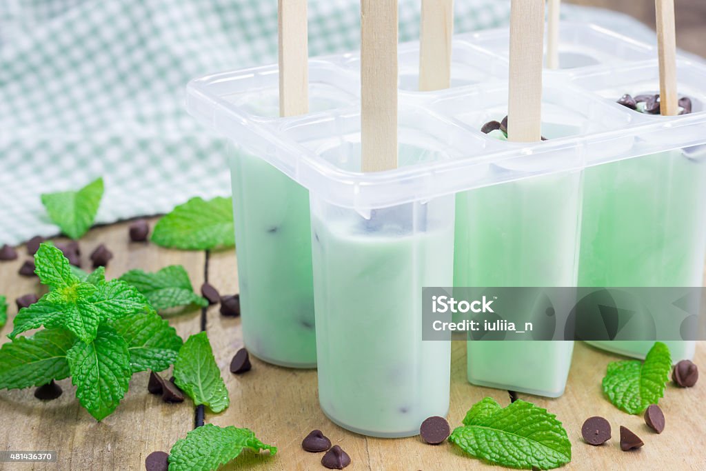 Mint and chocolate chips yogurt popsicles in molds Ice Stock Photo