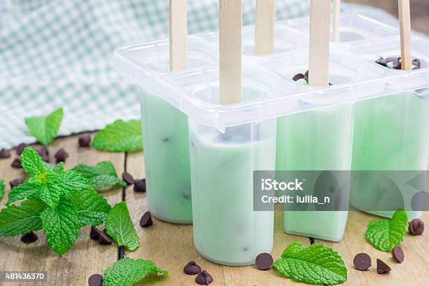 Mint And Chocolate Chips Yogurt Popsicles In Molds Stock Photo - Download Image Now - Ice, Molding a Shape, 2015