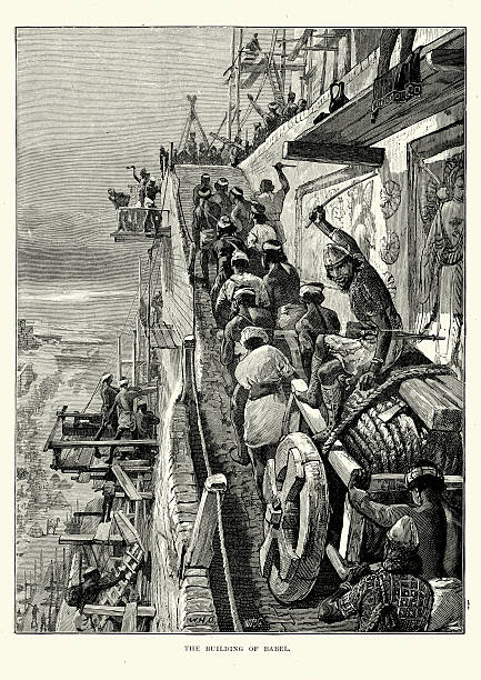 Building the Tower of Babel Vintage engraving of people Building the Tower of Babel. The Tower of Babel is a story told in the Book of Genesis of the Tanakh (also referred to as the Hebrew Bible) meant to explain the origin of different languages. tower of babel stock illustrations