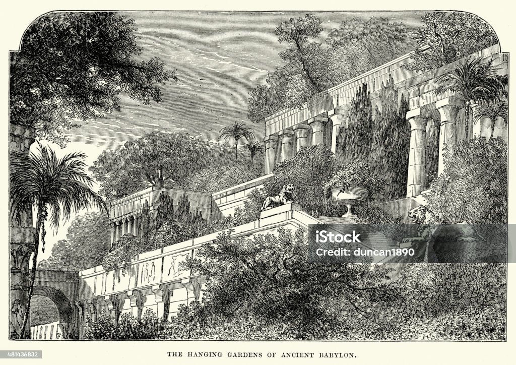 Hanging Gardens of Babylon Vintage engraving of the Hanging Gardens of Babylon. One of the Seven Wonders of the Ancient World, and the only one whose location has not been definitely established. The Hanging Gardens were a distinctive feature of ancient Babylon. Babylonia stock illustration
