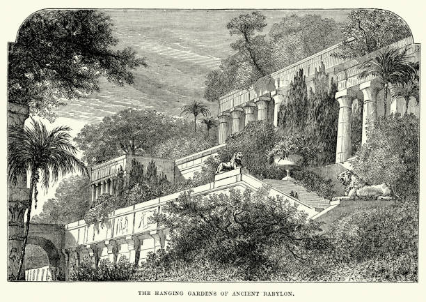 Hanging Gardens of Babylon Vintage engraving of the Hanging Gardens of Babylon. One of the Seven Wonders of the Ancient World, and the only one whose location has not been definitely established. The Hanging Gardens were a distinctive feature of ancient Babylon. yard grounds illustrations stock illustrations