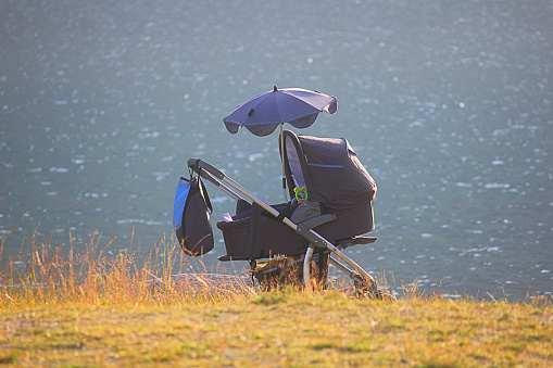 a baby stroller in front of the lake