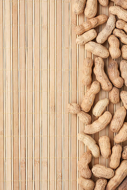 unpeeled cacahuètes allongé sur une natte de bambou peuvent - peanut legume textured effect fat photos et images de collection