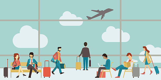 Business people travel Business people sitting and walking in airport terminal, business travel concept. Flat design. business travel stock illustrations