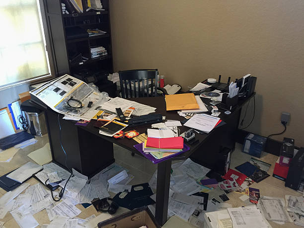 Chaos Messy office with papers and files emergency response workplace stock pictures, royalty-free photos & images