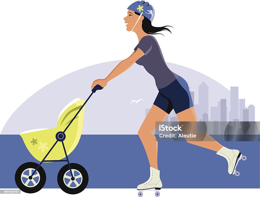 Young mother working out Young woman roller skating with a stroller, city skyline on the background, vector illustration, no transparencies Activity stock vector