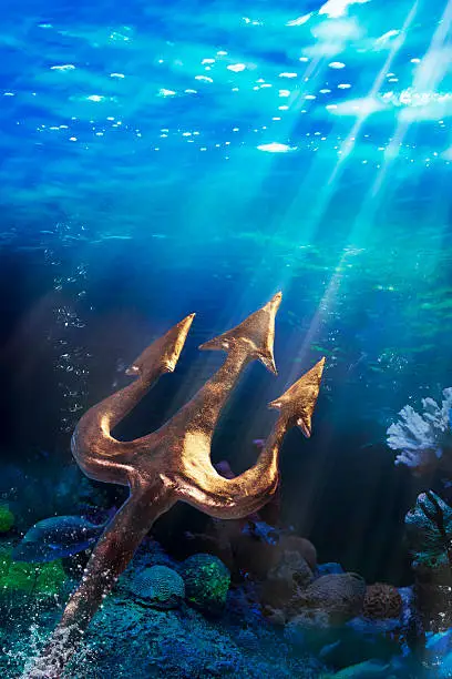 Poseidon's trident under the sea, Photo composite