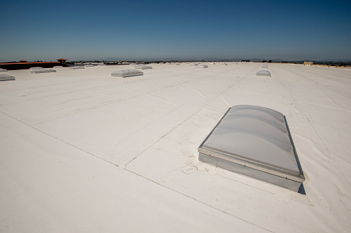 PVC roof with skylights on a very large warehouse building.