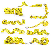 collection of yellow measuring tape on an isolated white background
