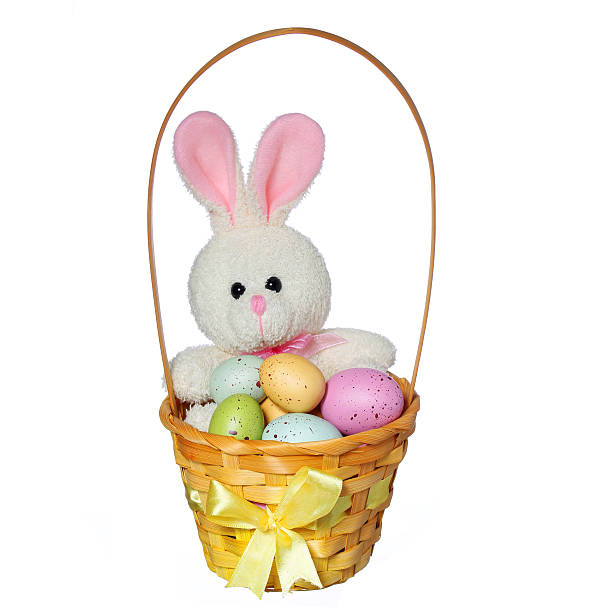 istock Easter basket with colorful eggs and bunny toy isolated 481458927