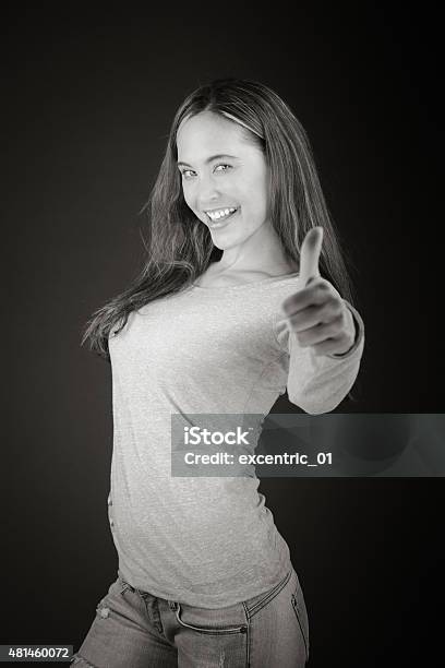 Model Isolated Positive Attitude Thumbs Up Stock Photo - Download Image Now - 2015, Adult, Black And White