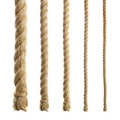 Thick and natural fibre Sisal rope isolated on white. There are five different magnifications or 