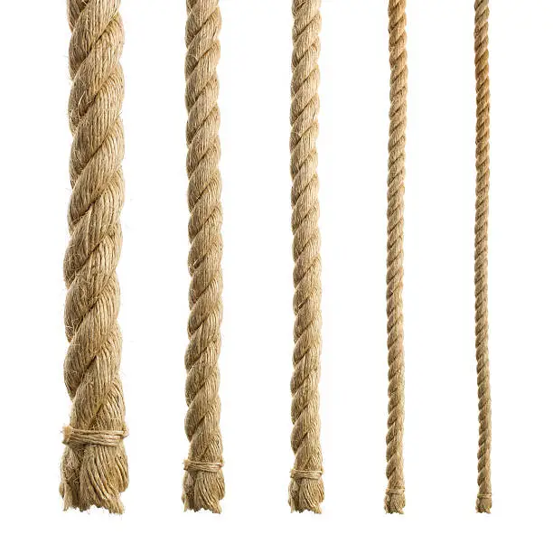 Thick and natural fibre Sisal rope isolated on white. There are five different magnifications or "lengths" to use.