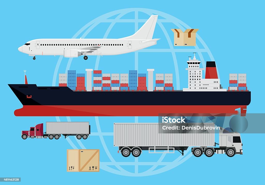 Shipping vehicles composition Shipping and delivery vehicles, trucks, aircraft and cargo ship on a blue background with a silhouette of earth 2015 stock vector