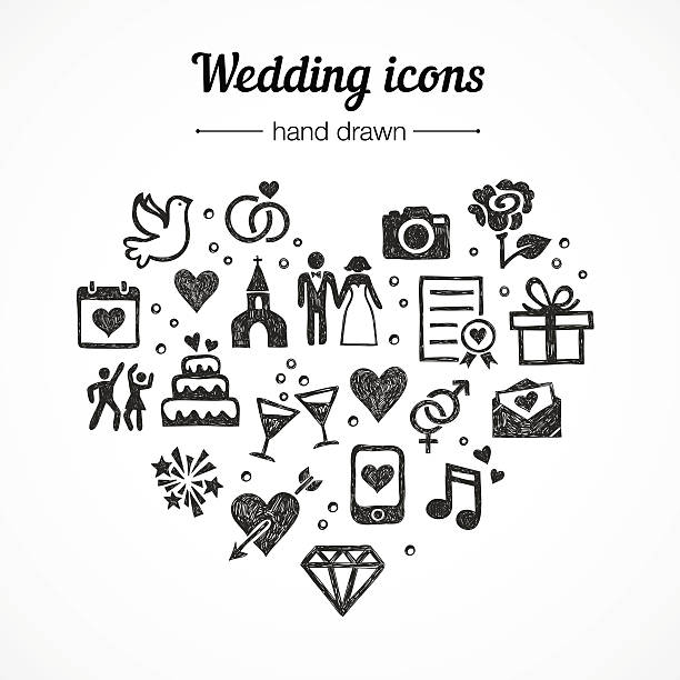 ilustraciones, imágenes clip art, dibujos animados e iconos de stock de dibujados a mano vector conjunto de iconos de boda: matrimonio, anillos, amor pareja - rose single flower red flower