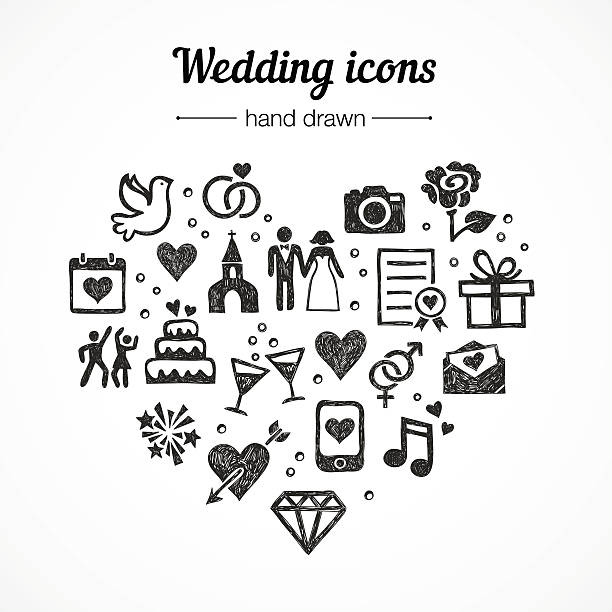 Hand drawn vector set wedding icons: marriage, rings, couple, love Hand drawn vector set of wedding icons: marriage, rings, couple, bride, groom, love wedding illustrations stock illustrations