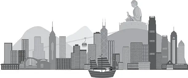 Vector illustration of Hong Kong Skyline and Buddha Statue Vector Illustration