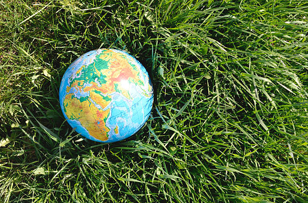 istock Globe lies on green grass. Concept - Earth Day. 481463434