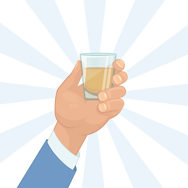 Hand holding a shot of drink Male hand holding a shot of alcohol drink. Flat design carouse stock illustrations