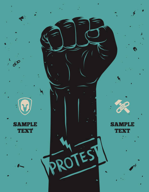 протест плакат, поднятый кулак в знак протеста - occupy movement stock illustrations