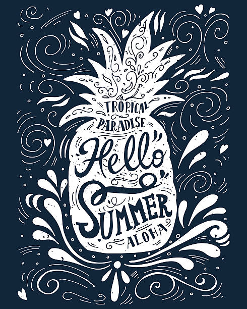 Print "Hello summer" with a pineapple. Hand drawn lettering Print "Hello summer" with a pineapple. Hand drawn lettering. This illustration can be used as a print on T-shirts and bags. aloha single word stock illustrations