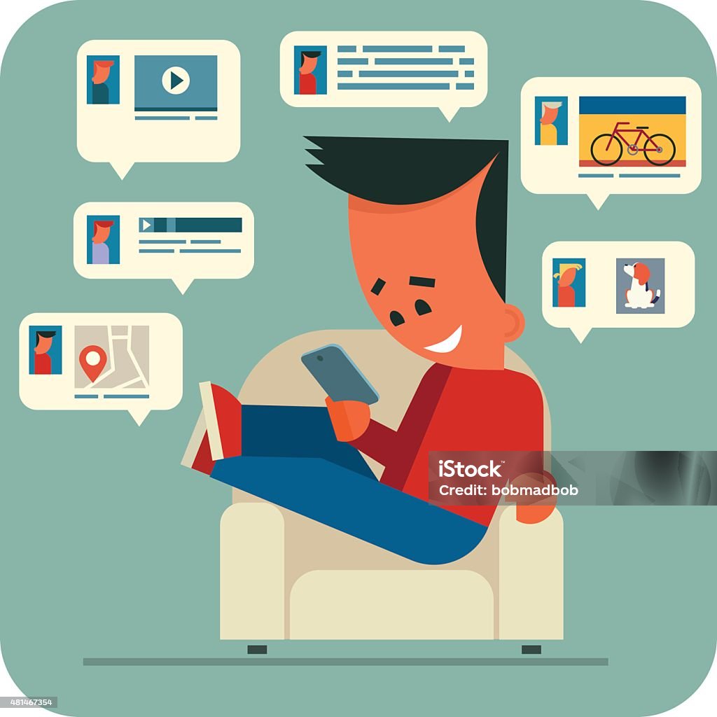 Young man online chatting. Cartoon young man sitting in a armchair and chatting online with friends using smartphone. Sharing music, video, photos, interesting places. 2015 stock vector