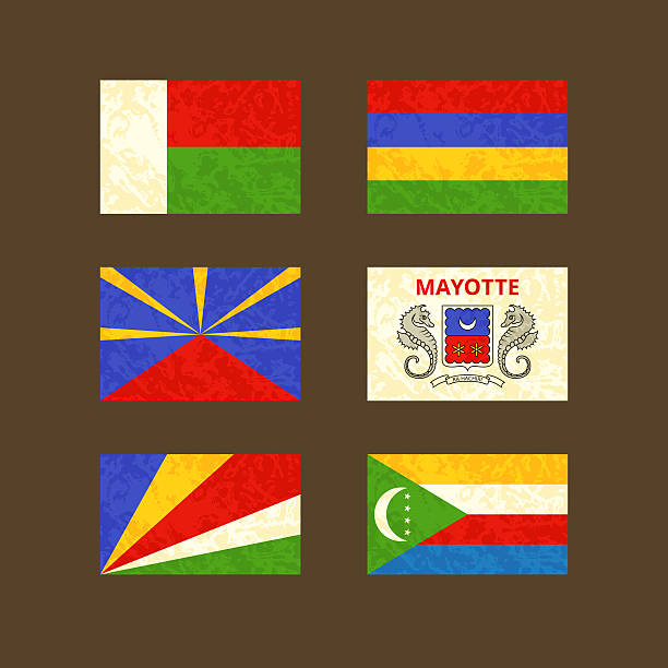 Flags of Madagascar, Reunion, Seychelles, Mauritius, Mayotte and Comoros Flags of Madagascar, Reunion, Seychelles, Mauritius, Mayotte and Comoros. Flags with light grunge dirty effect. mayotte stock illustrations